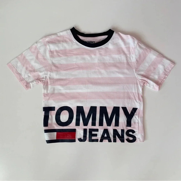 Tommy Hilfiger Cropped Striped Tee Top Shirt Pink White Stripes Shirt - Picture 2 of 7